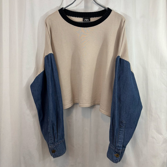ZARA Tops - Women’s Zara Colorblock Cotton Sweatshirt Beige Denim Sleeve Cropped Pullover M
